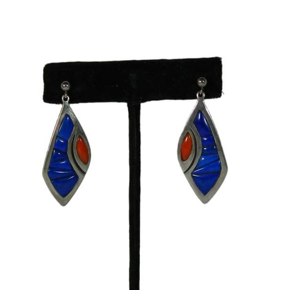 Sterling Silver and Lapis + Coral Inlay Earrings Signed "IVERSON"S" - Picture 5 of 10